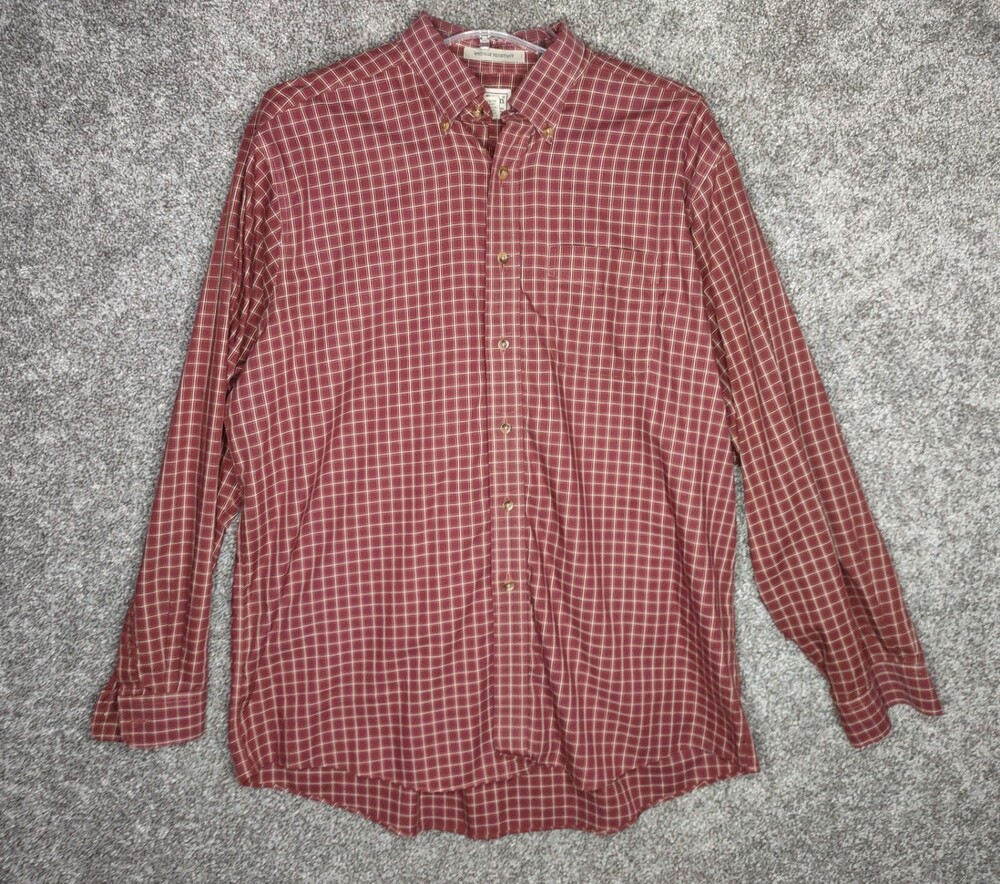 L.L. Bean Shirt Men Large Red Plaid Button-Down Wrinkle Resistant Cotton Outdoor